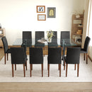 Table and chair set.79'x31.5' Inch Tempered Glass Tabletop With X-shaped Black Metal Table Legs,Wood Grain Textured MDF Crossbeam.Paired With 10 Black PU Dining Chairs with Walnut Color Metal Leg.