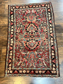 Small Antique Persian Rug 2.6 x 4, Red Floral Handmade 1920s Wool Rug, Persian Hamadan Lilian Rug