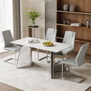 Table and chair set.63'x31.5x30' Luxurious Snow Mountain Patterned Sintered Stone Table with Silver Metal Butterfly Legs.Paried With 4 Light Gray High-quality PU Chairs With Arched Metal Legs.