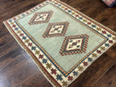 Turkish Kazak Rug 4x6, Geometric Medallion, Caucasian Design Rug, Semi Antique Vintage, Mint Green Maroon Ivory