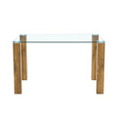 A 49.6 * 30 Inch Transparent Tempered Glass Dining Table With Rectangular Wood Color MDF Wood Grain Legs, Combining Simplicity And Quality.Can Easily Blend Into Various Decoration Styles.