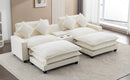 Chenille Upholstered Sectional Sofa with Removable Ottoman, USB Ports, Cup Holders, and Storage, Beige, 111'
