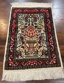 Small Indo Persian Rug 2x3 ft, Wool with Silk Highlights, Animal Pictorial Motifs Birds Vase Flowers, Cream and Maroon, Hand Knotted Fine