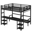 Queen Over Twin XL Metal Bunk Bed/Loft Bed with Desk and Shelves, Multiple Uses Folds into Sofa with LED and USB, Black