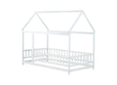 Twin Size House Floor Wooden Bed with Roof Frame,Safety Guardrails,White