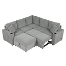 Multi-Functional Sectional Sofa Convertible Pull-out Bed with Storage Ottoman, USB Ports, Cup Holders, Chenille, Gray, 84.7'