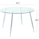 Modern simple round glass table, wear-resistant tempered glass countertop, electroplated table legs, grey PU dining chair set, suitable for restaurant kitchen use (set of 7)