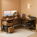 66 Inch Rustic Brown L Shaped Desk With Power Outlet