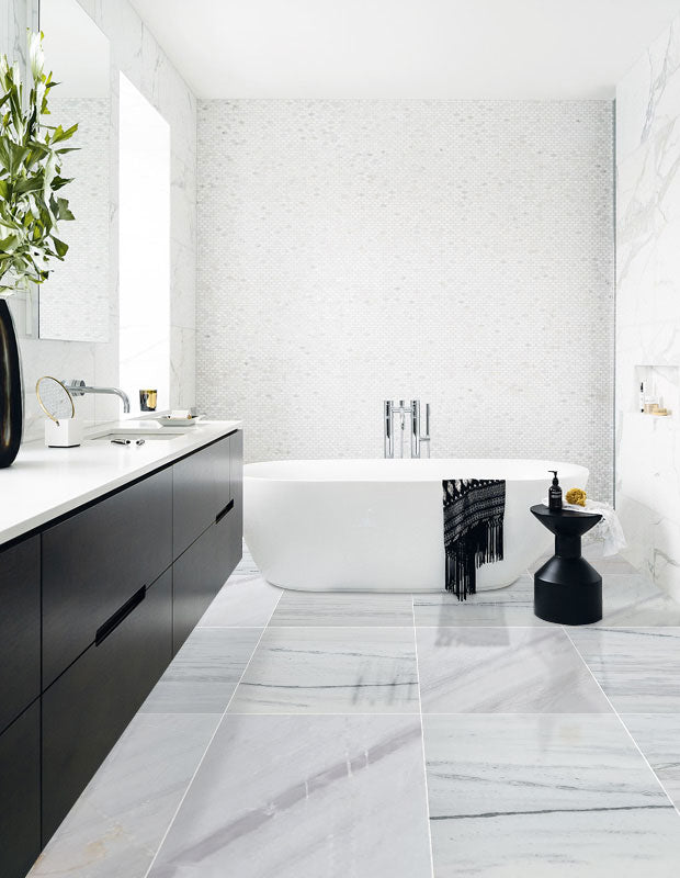 bianco lasa white exotic marble 24x24 polished installed modern bathroom floor white bathtub