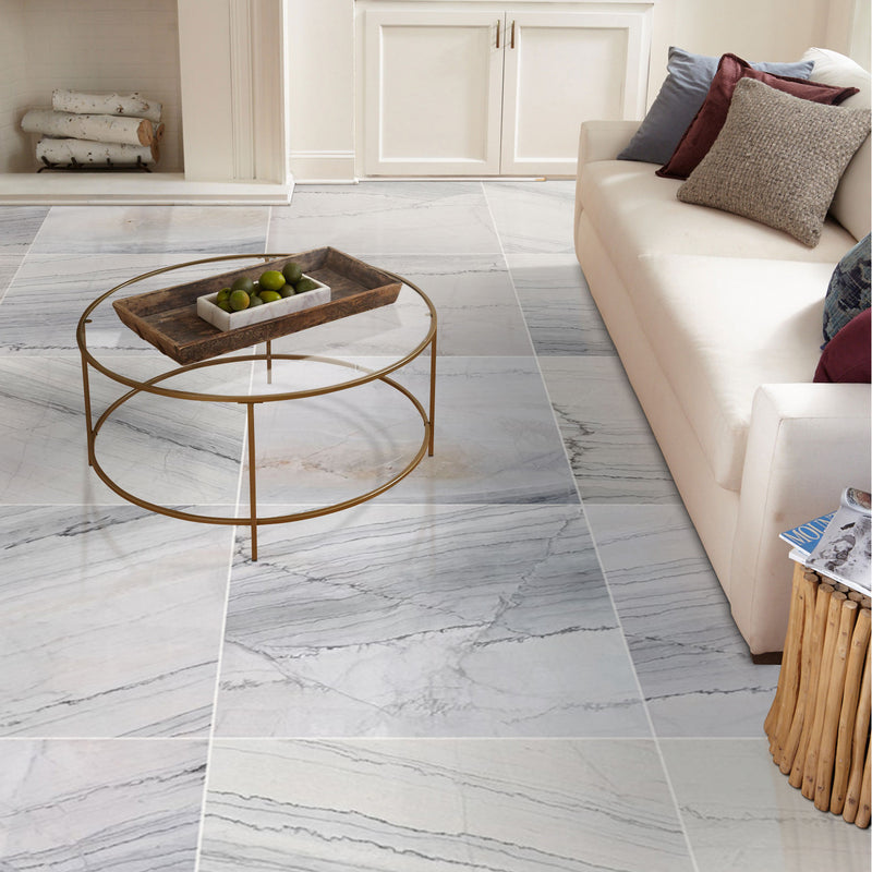 bianco massa white exotic marble 24x24 polished installed living room floor closeup