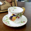 Bird pattern ceramic gold trimmed mug and saucer set dining room