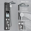 Black and chrome rainfall shower panel bathroom storage rack