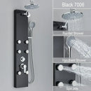 Black and chrome rainfall shower panel bathroom storage rack