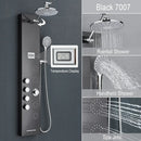 Black and chrome rainfall shower panel bathroom storage rack