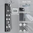 Black and chrome rainfall shower panel bathroom storage rack