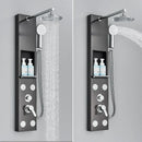Black and chrome rainfall shower panel bathroom storage rack