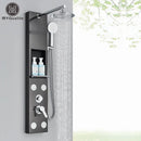 Black and chrome rainfall shower panel bathroom storage rack