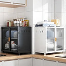 Black and white glass door kitchen cupboard storage rack