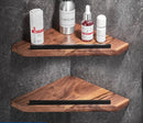 Black and wood bathroom hardware set with storage shelf