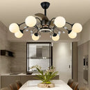 Black branch ceiling fan with globe lights and crystals bedroom