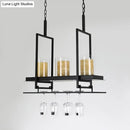 Traditional black island light fixture with wine glass holders kitchen