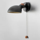 Black matte led wall sconce with wood pull chain bedroom light