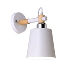 Black matte wall lamp with empire shade and wood arm for stairs