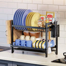 Black metal 2 tier kitchen dish rack with utensil holder