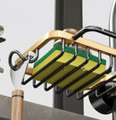 Black metal adjustable kitchen sink rack with soap dish and hooks