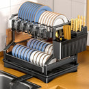 Black metal tiered kitchen dish drainer and storage rack