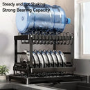 Black metal tiered kitchen dish drainer and storage rack