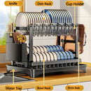 Black metal tiered kitchen dish drainer and storage rack