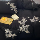 Black satin cotton flowers embroidery bedding set bedroom