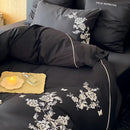 Black satin cotton flowers embroidery bedding set bedroom