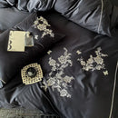 Black satin cotton flowers embroidery bedding set bedroom