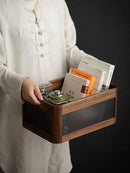 Black walnut wood desktop organizer set – office storage box