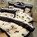 Black white printed floral ruffled bedding set bedroom linens