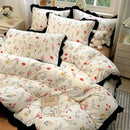Black white printed floral ruffled bedding set bedroom linens