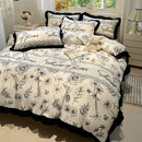 Black white printed floral ruffled bedding set bedroom linens