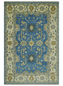 Blue and Beige 6x9 Hand Knotted Traditional Oushak wool area rug