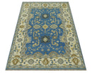 Blue and Beige 6x9 Hand Knotted Traditional Oushak wool area rug