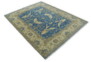 Blue and Beige Hand Knotted Traditional Oriental Oushak 8x10 wool Area Rug