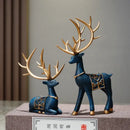 Blue and gold elk reindeer figurine set living room decor