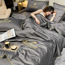 Blue and gold embroidered ice silk summer quilt set bedroom feather