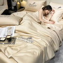 Blue and gold embroidered ice silk summer quilt set bedroom feather
