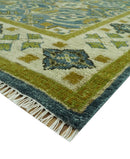 Blue and Olive Traditional motifs design 8x10 wool area rug