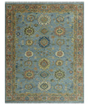 Hand Knotted Blue and Rust Traditional Oushak Area Rug