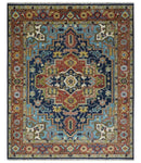 Blue and Rust Hand Knotted 8x10, 9x12, 10x14 and 12x15 Wool Antique Area Rug