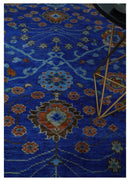 Blue and Rust Hand Knotted Traditional Floral Oushak 8.9x12.1 Wool Area Rug