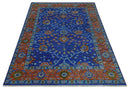 Blue and Rust Hand Knotted Traditional Floral Oushak 8.9x12.1 Wool Area Rug